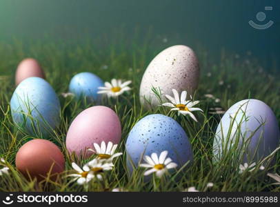 Decorated Easter Eggs In The Grass With Daisies.  Image created with Generative AI technology
