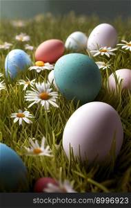 Decorated Easter Eggs In The Grass With Daisies.  Image created with Generative AI technology
