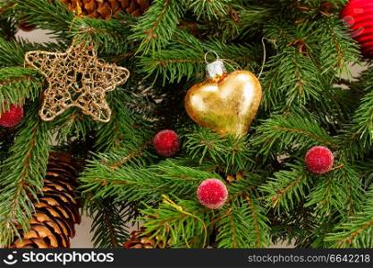 decorated fresh evergreen fir tree close up