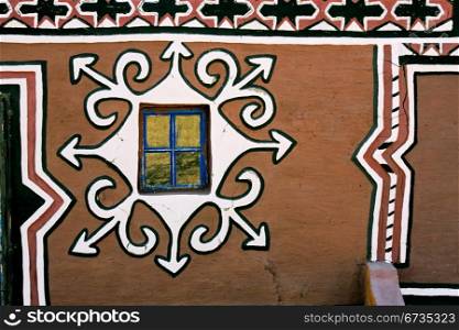 Decorated mud wall of a traditional South African Basuthu hut