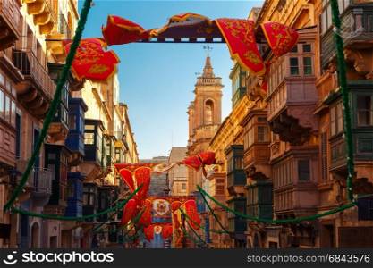 Decorated street in old town of Valletta, Malta. Festively decorated street in the old town of Valletta, Malta