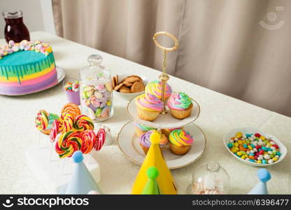 Decorated table in the room for Happy Birthday Party without people. Happy Birthday decoration