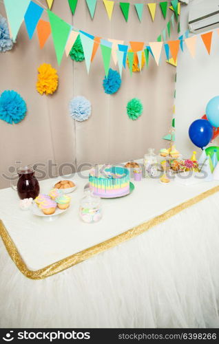 Decorated table in the room for Happy Birthday Party without people. Happy Birthday decoration