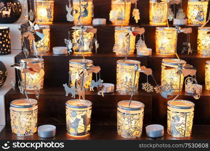 Decorated traditional advent candles, christmas market shop in Vienna. Decorated advent candles