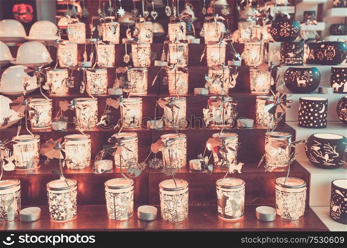 Decorated traditional advent candles, christmas market shop in Vienna, retro toned. Decorated advent candles
