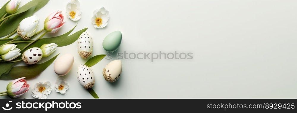 Decorated Tulips and Eggs On a Clean Background for An Easter
