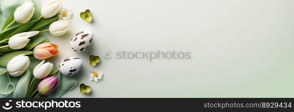 Decorated Tulips and Eggs On a Clean Background for An Easter Banner