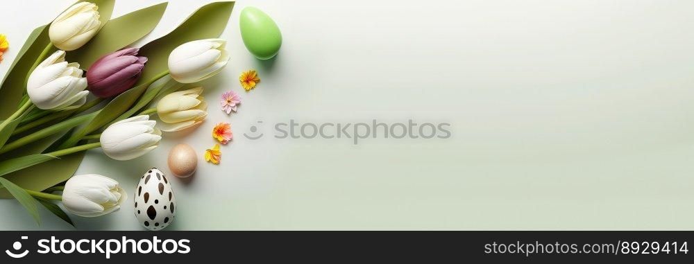 Decorated Tulips and Eggs On a Clean Background for An Easter Celebration Banner