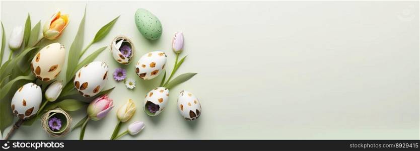 Decorated Tulips and Eggs On a Clean Background for An Easter Celebration Banner