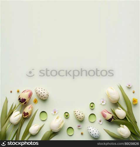Decorated Tulips and Eggs On a Clean Background for An Easter Greeting Card