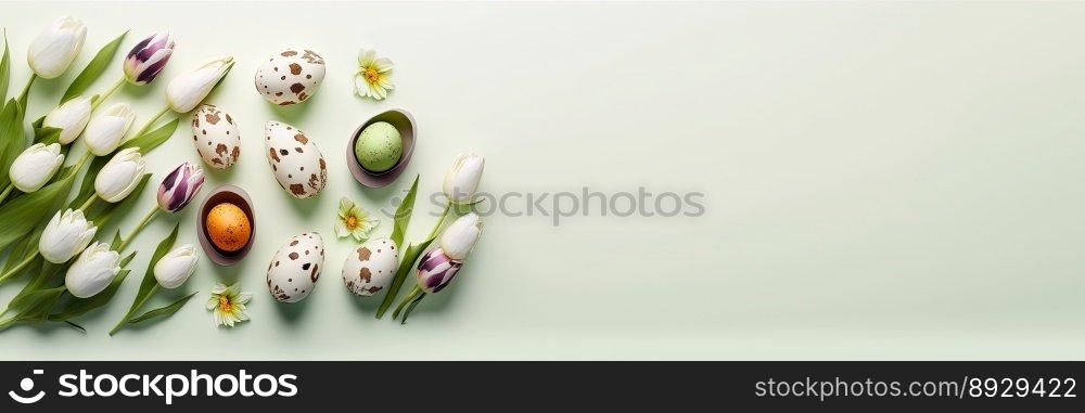 Decorated Tulips and Eggs On a Soft Green Background for An Easter