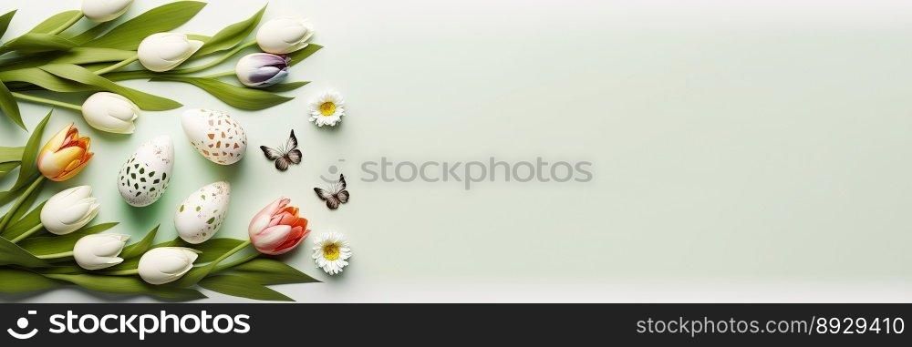 Decorated Tulips and Eggs On a Soft Green Background for An Easter Celebration Banner