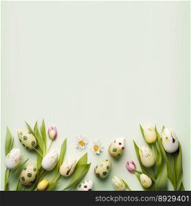 Decorated Tulips and Eggs On a Soft Green Background for An Easter Greeting Card