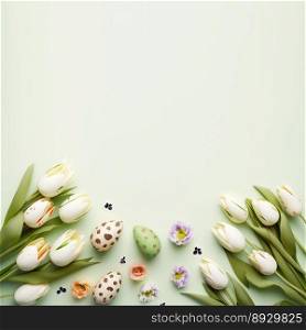 Decorated Tulips and Eggs On a Soft Green Background for An Easter Greeting Card