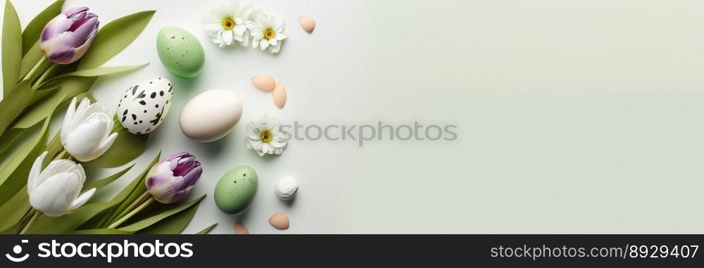 Decorated Tulips and Eggs with Copy Space for Easter Celebration Banner