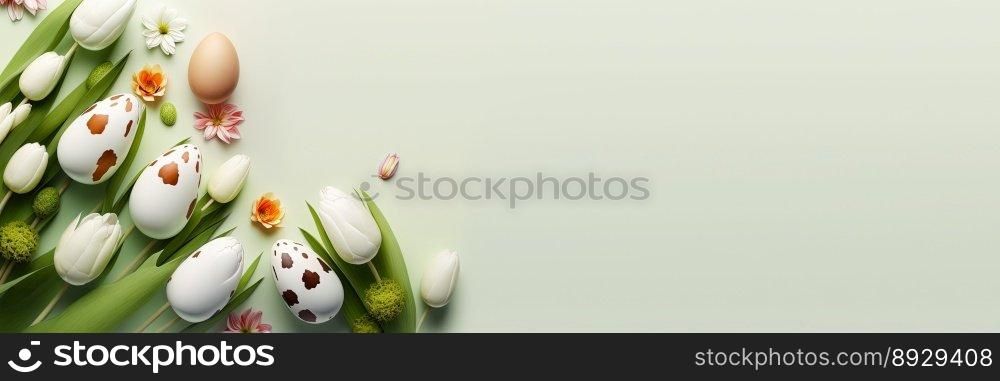 Decorated Tulips and Eggs with Copy Space for Easter Celebration Banner