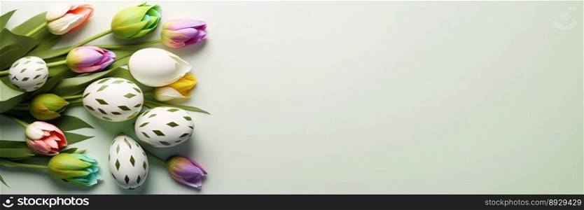 Decorated Tulips and Eggs with Empty Space for Easter Banner