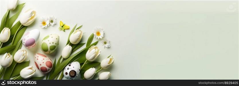 Decorated Tulips and Eggs with Empty Space for Easter Celebration Banner