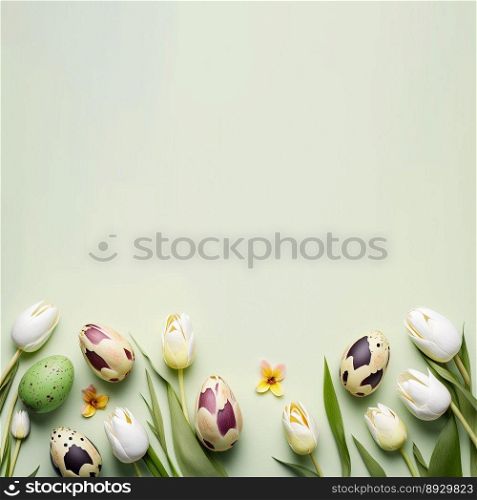 Decorated Tulips and Eggs with Empty Space for Easter Greeting Card