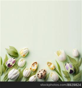Decorated Tulips and Eggs with Empty Space for Easter Greeting Card