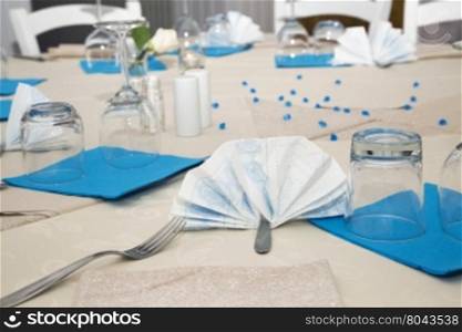 Decorated white and blue table, horizontal image