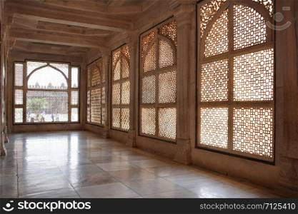 Decorated window in Fatehpur Sikri, Uttar Pradesh, India, UNESCO World Heritage Site.