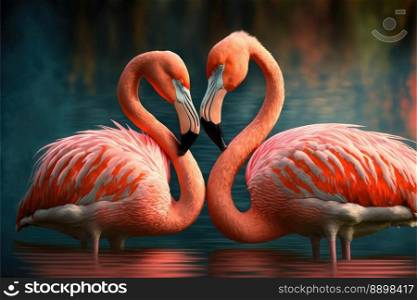 Decorated with couple of pink flamingo birds. Their heads make a heart, Image to use as Valentine card. Generative AI