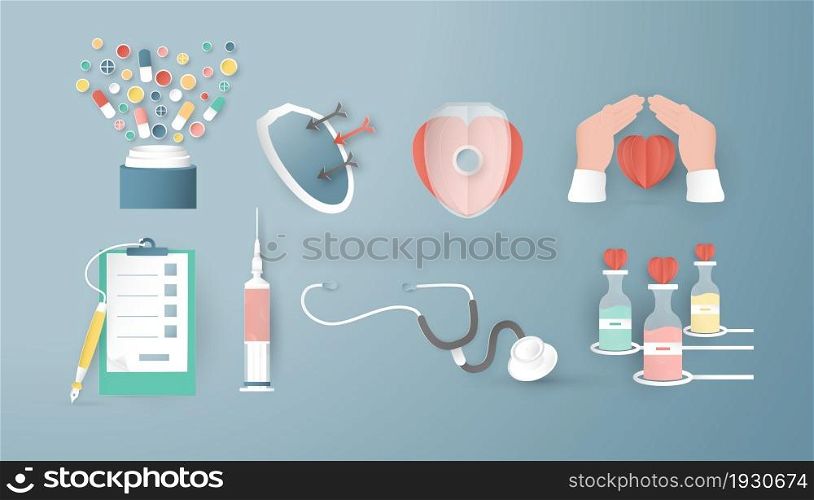Decoration elements for health insurance. Art Craft in 3D paper cut style.