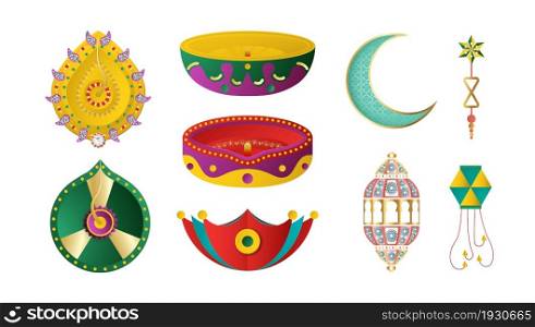 Decoration elements of diwali festival for invitation background, web banner, advertisement. 3D Vector illustration design in paper cut and craft style.