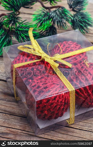 Decoration for Christmas. Plastic box with Christmas balls and Christmas tree.