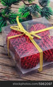 Decoration for Christmas. Plastic box with Christmas balls and Christmas tree.