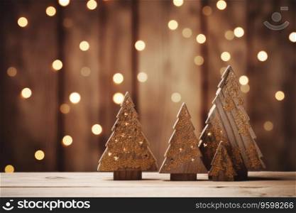 Decoration of christmas wooden trees and lights on the background