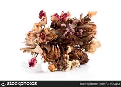 Decoration of dried flowers. Roses on white background