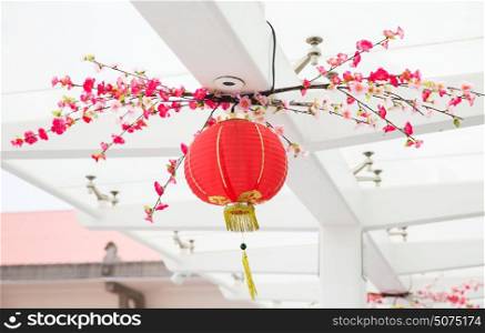 decoration, traditions and holidays concept - ceiling decorated with hanging chinese lanterns. ceiling decorated with hanging chinese lanterns