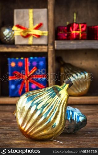 decorations for Christmas. Retro Soviet glass Christmas toys and gifts