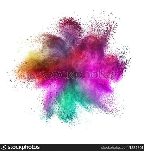 Decorative abstract chaotic powder or dust colorful explosion on a white background with copy space.. Abstract multicolored powder explosion on a white background.