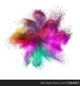 Decorative abstract chaotic powder or dust colorful explosion on a white background with copy space.. Abstract multicolored powder explosion on a white background.