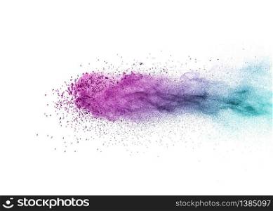 Decorative abstract horizontal line of powder or dust colorful explosion on a white background with copy space.. Abstract multicolored powder explosion on a white background.