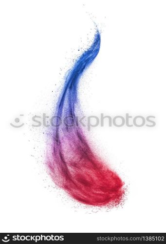 Decorative abstract powder burst or explosion in blue and violet colors in the shape of curved wave on a white background with copy space.. Creative colorful wave powder or dust splash on a white background.
