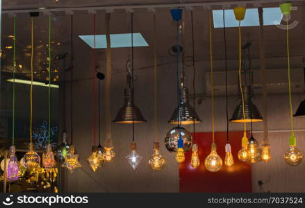 Decorative antique edison style filament light bulbs hanging