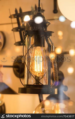 Decorative antique edison style filament light bulbs hanging