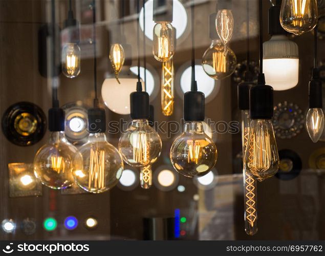 Decorative antique edison style light bulbs. Decorative antique edison style filament light bulbs hanging