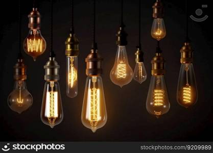 Decorative Antique Retro Edison Light Bulbs on Dark Background. Generative ai. High quality illustration. Decorative Antique Retro Edison Light Bulbs on Dark Background. Generative ai
