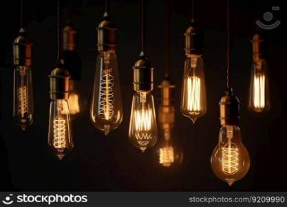 Decorative Antique Retro Edison Light Bulbs on Dark Background. Generative ai. High quality illustration. Decorative Antique Retro Edison Light Bulbs on Dark Background. Generative ai