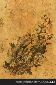 Decorative background with feather and birds, grunge yellow paper texture.