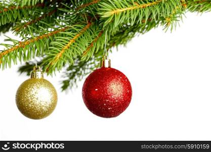 Decorative balls on natural green fir branch isolated on white background