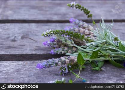 decorative border of lavender on rustic wood