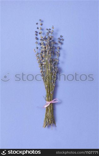 Decorative branch of dry natural lavender flowers on the same color background with soft shadows, place for text. Flat lay.. Bouquet of organic natural lavender flowers.