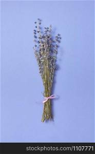 Decorative branch of dry natural lavender flowers on the same color background with soft shadows, place for text. Flat lay.. Bouquet of organic natural lavender flowers.