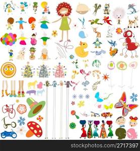 Decorative cartoon characters collection, design elements over white background